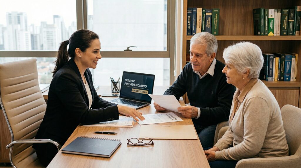 Uma advogada de Direito Previdenciário instruindo duas pessoas